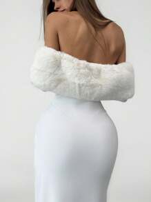 SHEIN Tall Luxury White Off-Shoulder Furry Bodycon Long Sleeve Maxi Evening Dress For Women