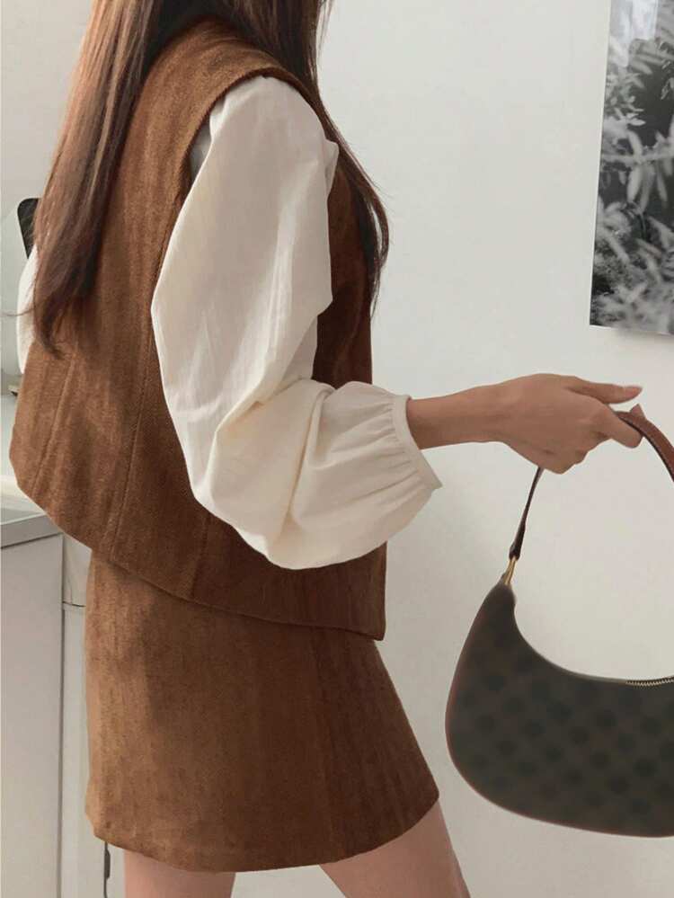 2pcs Women Texture Fabric Waistcoat & Mini Skirt Set, Khaki, Spring/Summer/Autumn