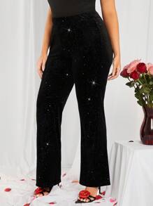 SHEIN SXY Pantalones negros con corazón de terciopelo de talle medio para mujer de talla grande, adecuados para uso diario, vacaciones, playa, fiestas, citas, cumpleaños, despedidas de soltera, fiestas, baile, citas de pareja, elegantes, casuales, compras, ropa de calle, al aire libre, coquetos, fáciles de combinar y estilizadores, que resaltan la figura