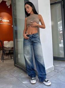 EURMUSE 100% Baumwolle einfarbige hohe Taille Vintage Waschung Gerade Jeans - Mittele Waschung - Übersicht 9