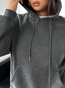 INAWLY Plus Size Women 2pcs Set Casual Loose Solid Color Drop Shoulder Long Sleeve Hoodie Sweatshirt And Pants, Autumn - Dark Grey - View 8