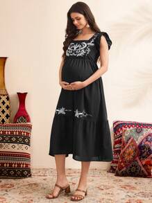 SHEIN Maternity Floral Embroidered Ruffle Trim Dress - Black - View 6