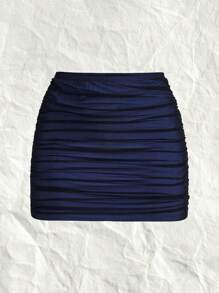 Muchica 女士时尚褶饰网眼修身半身裙 - 寶藍色 - 查看 4