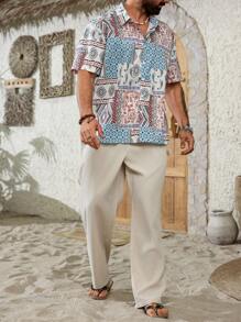 ResortEase Plus Size Men's Bohemian Style Short Sleeve Shirt And Pants Set