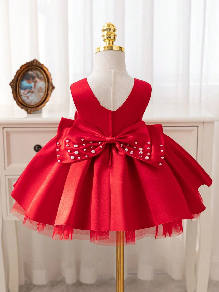 Glamorique Kids Váy công chúa vải tuyn cho bé gái dự tiệc Giáng sinh, váy hoa cưới màu trắng thanh lịch với nơ lớn đính cườm thủ công, váy công chúa cho tiệc sinh nhật - Màu Đỏ Sâu - Xem 1