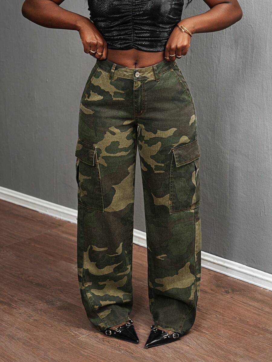 SHEIN Slayr Women's Cargo Pocket Casual Low Waist Camouflage Straight Leg Jeans
