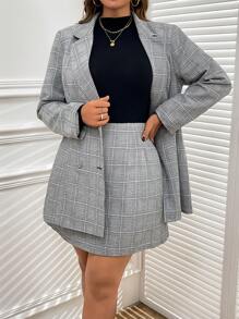 Ellevyn Plus Size Plaid Print Blazer And Mini Skirt Suit Set, Autumn - Multicolor - View 4