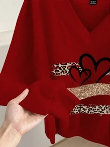 SHEIN LUNE Ladies Red Heart-Shaped Leopard Print Lover Cute Comfortable V-Neck Sweatshirt In Red And Black