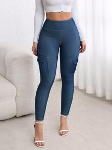 SHEIN EZwear Women's Cargo Pockets Skinny Casual Jeans, Versatile