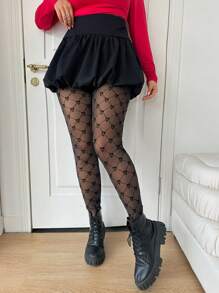 SHEIN CURVE+ Plus Size Black Sexy Semi-Sheer Mesh Fabric Heart Geometric Pattern Long Leggings - Black - View 3