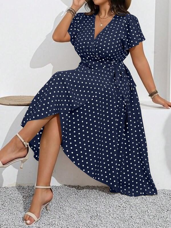 SHEIN Clasi Plus Size Women Summer Polka Dot Overlap V-Neck Ruffled Short Sleeve Casual Dress