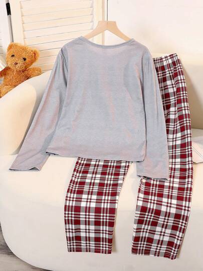 Explorewe Cozy Set Teenage Girls, Includes Bloemen Print Round Neck Long Sleeve Top Plaid Pants, able Com Tafel view 2