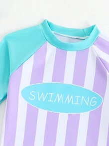 Young Girl Contrast Color Patchwork Swimwear Set - Multicolor - View 5