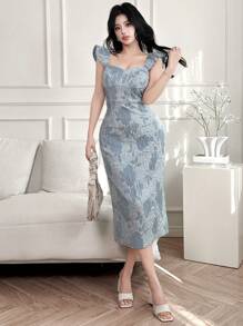 xheDAZY Vestido de mujer de longitud media con cuello cuadrado y mangas de campana, vestido de fiesta, vestido de verano, ropa de vuelta al colegio con estampado floralxhe - Azul - View 9