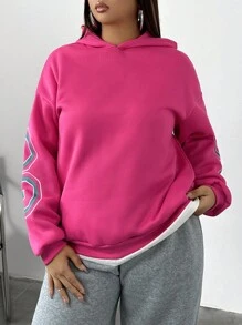 SHEIN Essnce 大码女式字母印花套头卫衣秋季款 - 玫紅色 - 查看 4