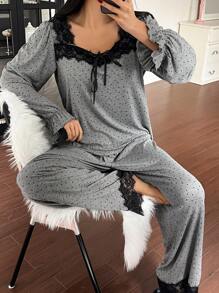 DAZY 2pcs Women Lace Polka Dot Print Loose Top & Pants Comfort Pajama Sets, Spring, Back To School Clothes, Fall Winter Clothes - Grey - View 6
