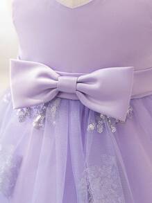 Glamorique Kids 女婴圣诞派对礼服，蓝色亮片网眼薄纱斗篷礼服，带大蝴蝶结和缎面泡泡裙，适合 1 岁生日婚礼派对 - 淡紫色 - 查看 4