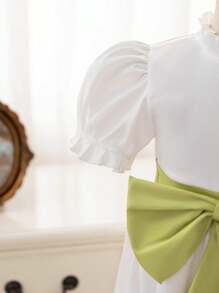 Ramadan/New Year Young Girl Wedding Flower Girl Dress, White Satin Soft Princess Dress, Paired With Green Dimensional Bow Party Dress - White - View 7