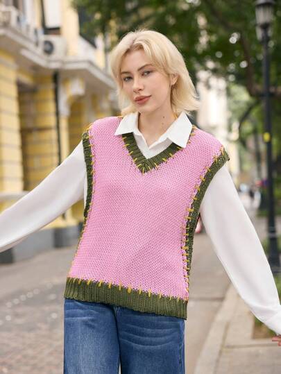 Skyraze 可爱撞色宽松针织毛衣背心