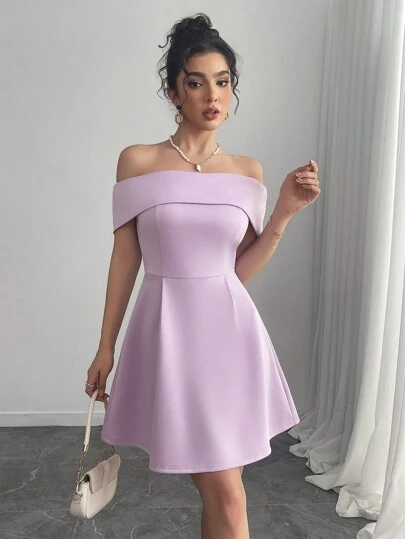 INAWLY Off Shoulder Solid Color Casual Dress, Minimalist & Stylish For Everyday Wear