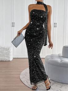 Chiquease 女士优雅两件套：银箔亮片褶皱抹胸上衣和半身裙套装 - 黑色 - 查看 1