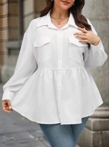 SHEIN VCAY 加大码白色纹理条纹腰部收褶 A 字形长袖衬衫，带胸袋，休闲度假衬衫