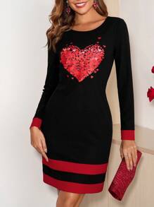 SHEIN Clasi 女士优雅心形图案撞色针织情人节连衣裙夏季女士婚礼宾客连衣裙女士情人节连衣裙套装 - 紅色和黑色 - 查看 1