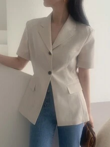 DAZY Women's Plain Collar Slit Back Short Sleeve Regular Jacket, Spring & Summer Women Coats - Apricot - View 7