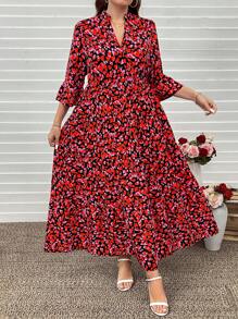 SHEIN LUNE Plus Size Bohemian Leaf Print Layered Babydoll Dress, Casual Vacation Long Dress For Summer Long Dress/Valentine's Day - Black - View 4