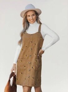 SHEIN LUNE 女士灯芯绒刺绣吊带短款连体裤 - 卡其色 - 查看 1