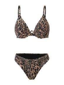 Voyashape 女士豹纹褶皱露背性感细肩带比基尼泳装套装，适合夏季海滩度假的沙滩装