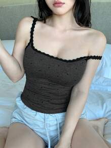 DAZY 女士蕾丝拼接波尔卡圆点打底上衣 - 灰色 - 查看 5