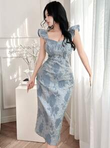 xheDAZY Vestido de mujer de longitud media con cuello cuadrado y mangas de campana, vestido de fiesta, vestido de verano, ropa de vuelta al colegio con estampado floralxhe - Azul - View 10