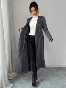 Elenzga Abrigo largo abotonado con cuello solapa y estampado de rayas blancas y grises para mujer - Gris - Ver 7