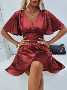 SHEIN Clasi 女士纯色重叠 V 领荷叶边短袖优雅褶皱连衣裙