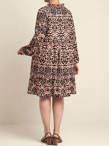 Plus Size Women's Printed Long Sleeve Dress, Spring/Summer - Khaki - View 2