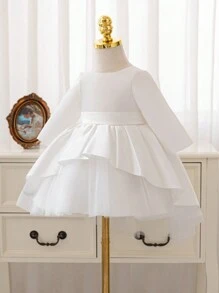 SHEIN Glamorique Kids Baby Girl Christmas Princess Dress Ball Gown Party Dress, Autumn/Winter New, Halloween Costume Long Sleeve Satin Dress With Big Bow, Tulle Puffy Skirt - White - View 6