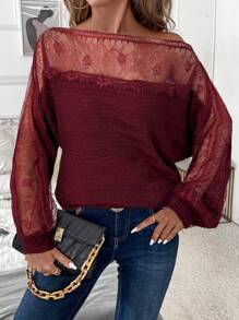 SHEIN Clasi Women Lace Trim Patchwork Long Sleeve Sweater - Burgundy - View 1