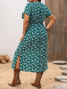 EMERY ROSE Plus Size Summer Vacation Casual Ditsy Floral Wrap Dress, Western Wear - Green - View 2