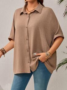 EMERY ROSE Damen Große Größen Einfarbiges Fledermaus-Ärmel Lässiges Hemd mit Einzelknopfverschluss, Urlaubsoutfit für Frauen, Sommerkleidung