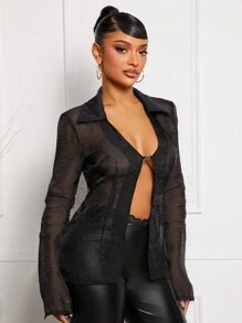 SHEIN SXY 女士时尚性感透明长袖衬衫，黑色长袖上衣， - 黑色 - 查看 7