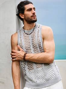 Manfinity Fever City Men's Solid Color Sleeveless Hollow-Out Knit Top, Casual Resort Wear - Light Grey - View 4