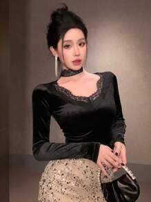 DAZY 女士修身蕾丝拼布T恤，春夏新品，秋季女装