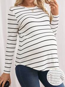 SHEIN Maternity Striped Button Back Long Sleeve Curved Hem Tee - Black and White - View 1