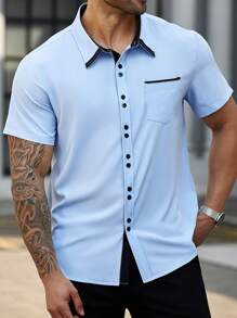 Manfinity Homme Plus Size Men's Colorblock Short Sleeve Single-Breasted Pocket Casual Shirt - Blue - View 3