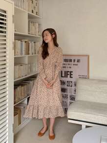 DAZY 女士碎花V领修身中长连衣裙，春秋季长袖连衣裙度假装 - 粉色 - 查看 6