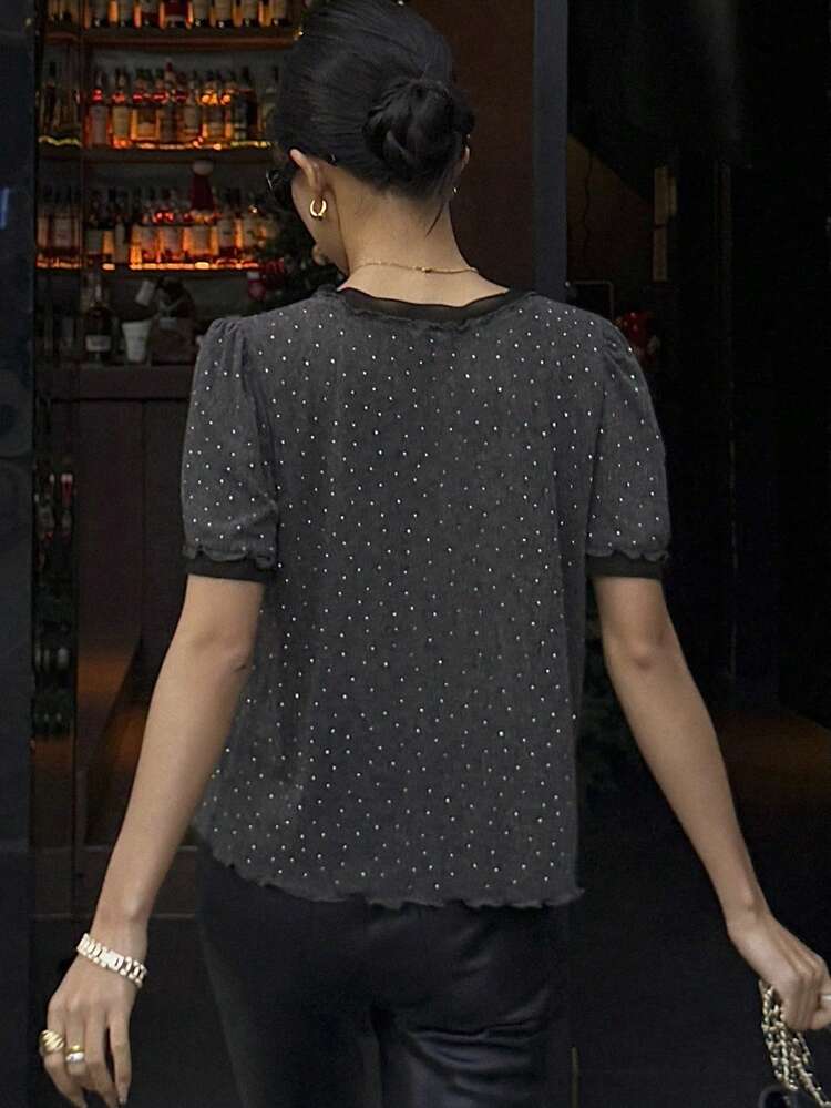 Women's Ruffle Trim Round Neck Loose Short Sleeve T-Shirt Sequin