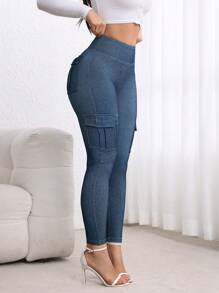 SHEIN EZwear Women's Cargo Pockets Skinny Casual Jeans, Versatile