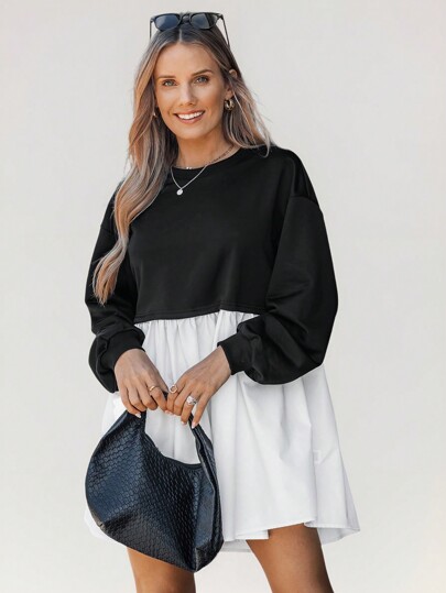 SHEIN LUNE Sudadera con capucha holgada de patchwork blanco y negro casual para mujer