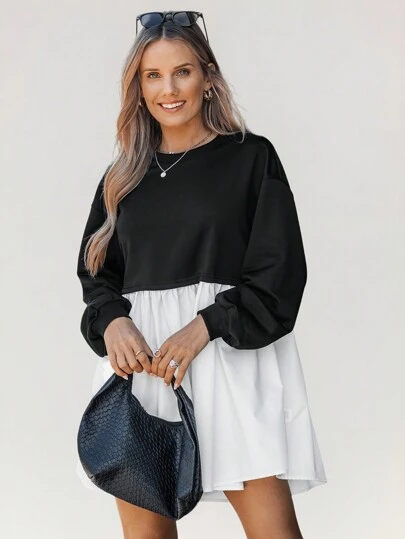 SHEIN LUNE Women's Casual Black & White Patchwork Oversized Hoodie,Office Wear,Business Casual,Crewneck Sweatshirt Women